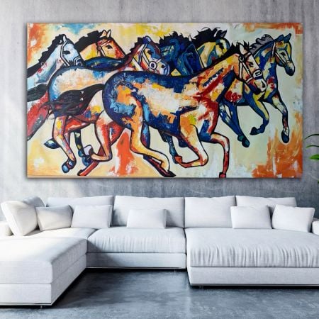 The Seven Running Horses Canvas Painting by Artist Ashok Jadav 48 x 96 Inch